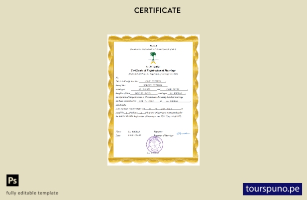 listo para imprimir certificado de matrimonio de Arabia Saudita Plantilla en Wor